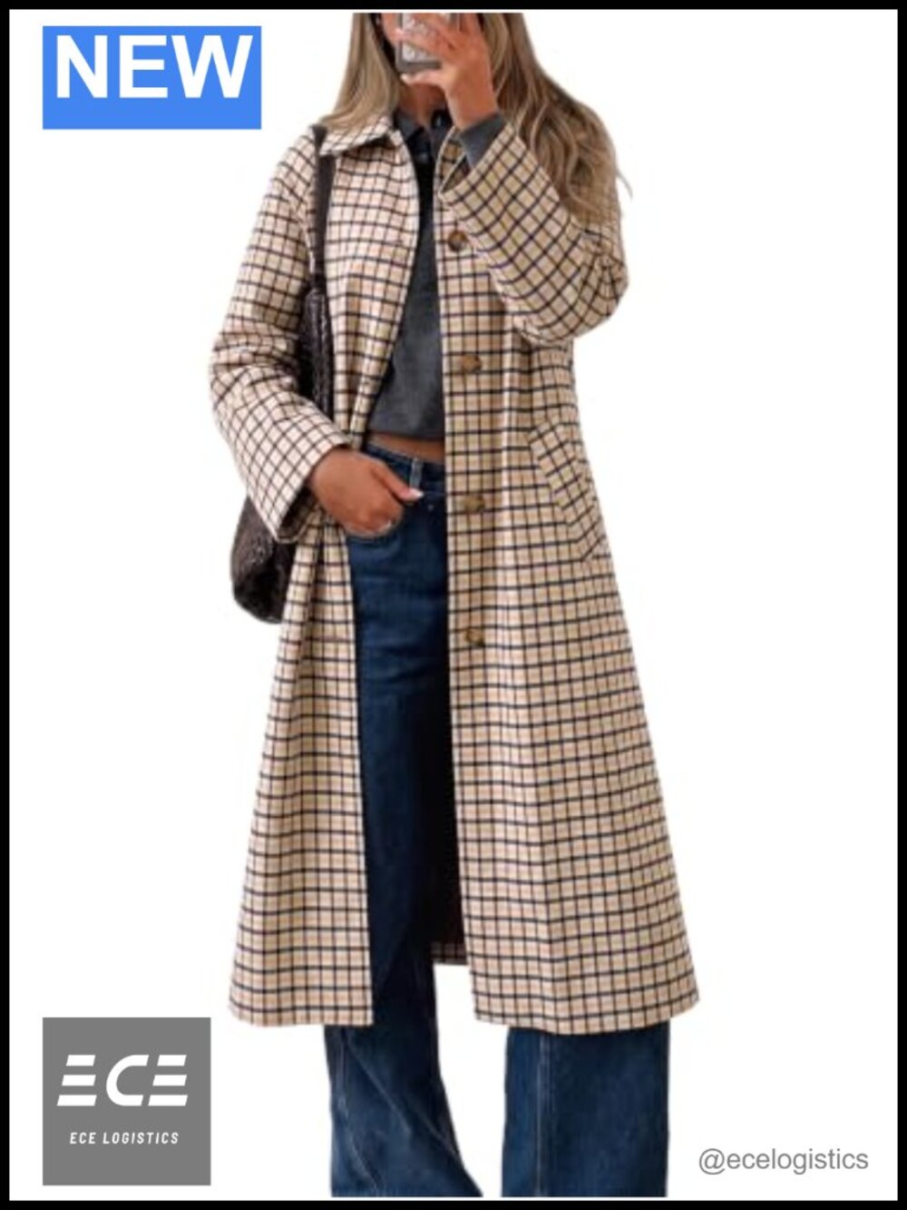 Plaid Trench Coat Long Sleeve Lapel Single Breasted Fall Jacket
